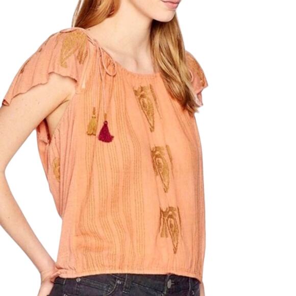 Free People Tops - Free People Embroidered Peasant Top in Coral (Orange) with Gold & Burgundy XS